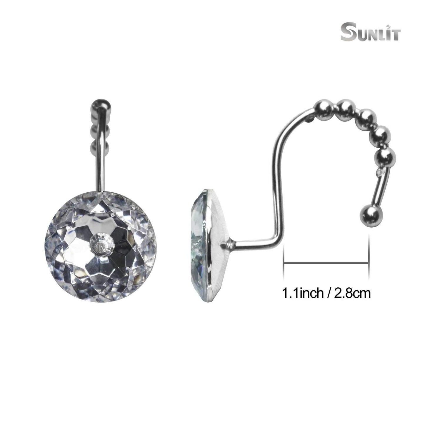 Sunlit Luxury Design Round Clear Diamond Crystal Gem Bling with Glide Balls Double Shower Curtain Hooks, Rust Proof Metal Rhinestones Glam Shower Curtain Rings-12 Pack