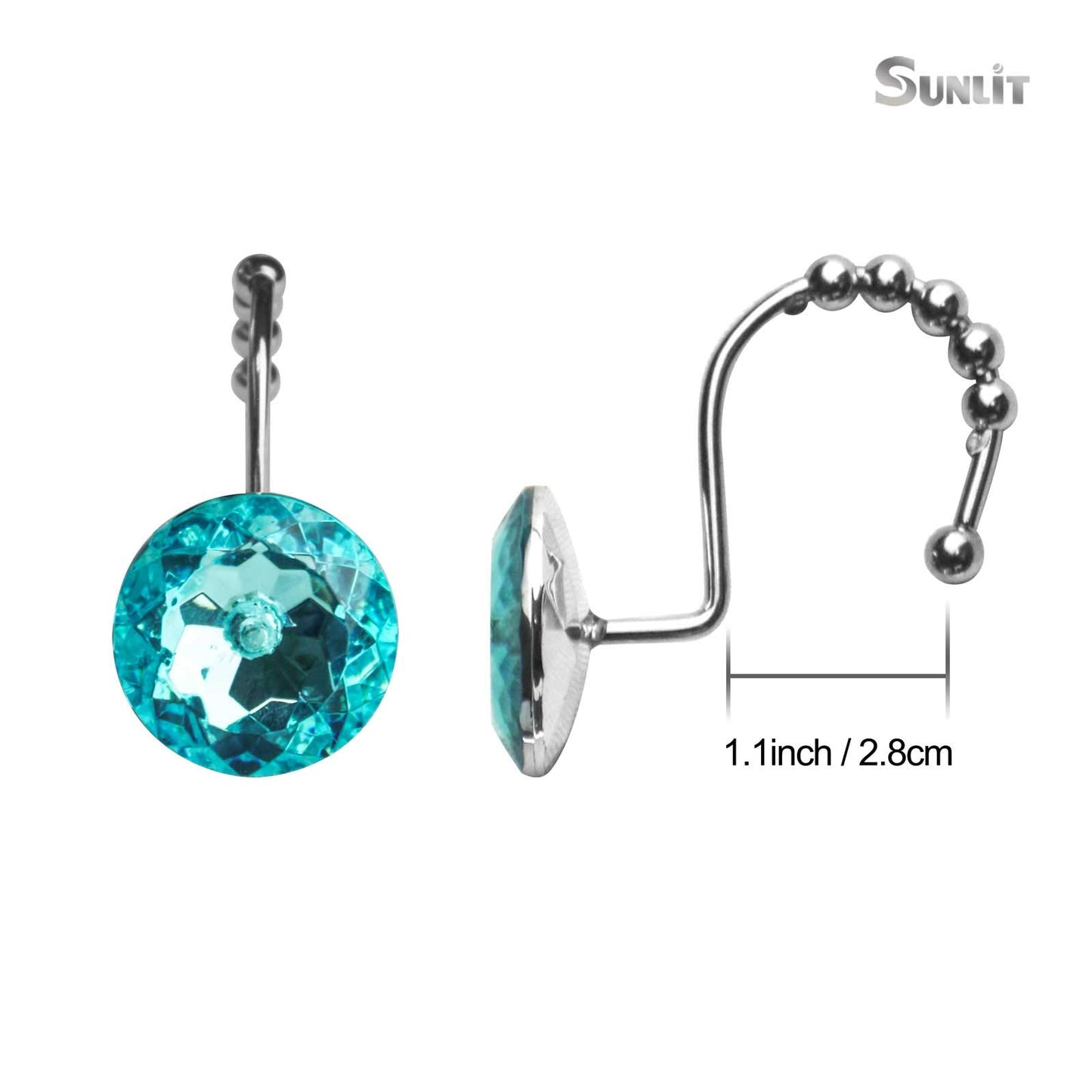 Sunlit Luxury Design Round Clear Diamond Crystal Gem Bling with Glide Balls Double Shower Curtain Hooks, Rust Proof Metal Rhinestones Glam Shower Curtain Rings-12 Pack
