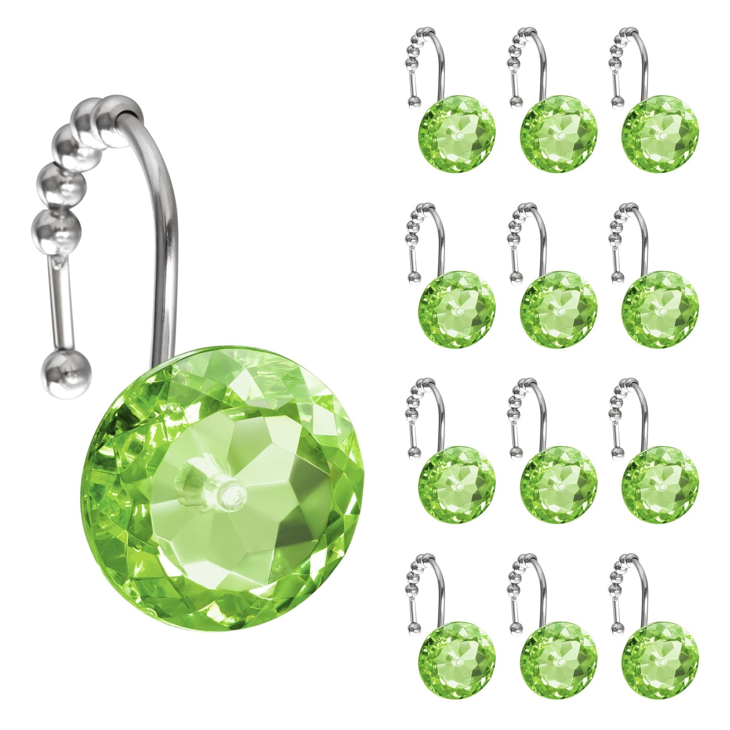 Sunlit Luxury Design Round Clear Diamond Crystal Gem Bling with Glide Balls Double Shower Curtain Hooks, Rust Proof Metal Rhinestones Glam Shower Curtain Rings-12 Pack