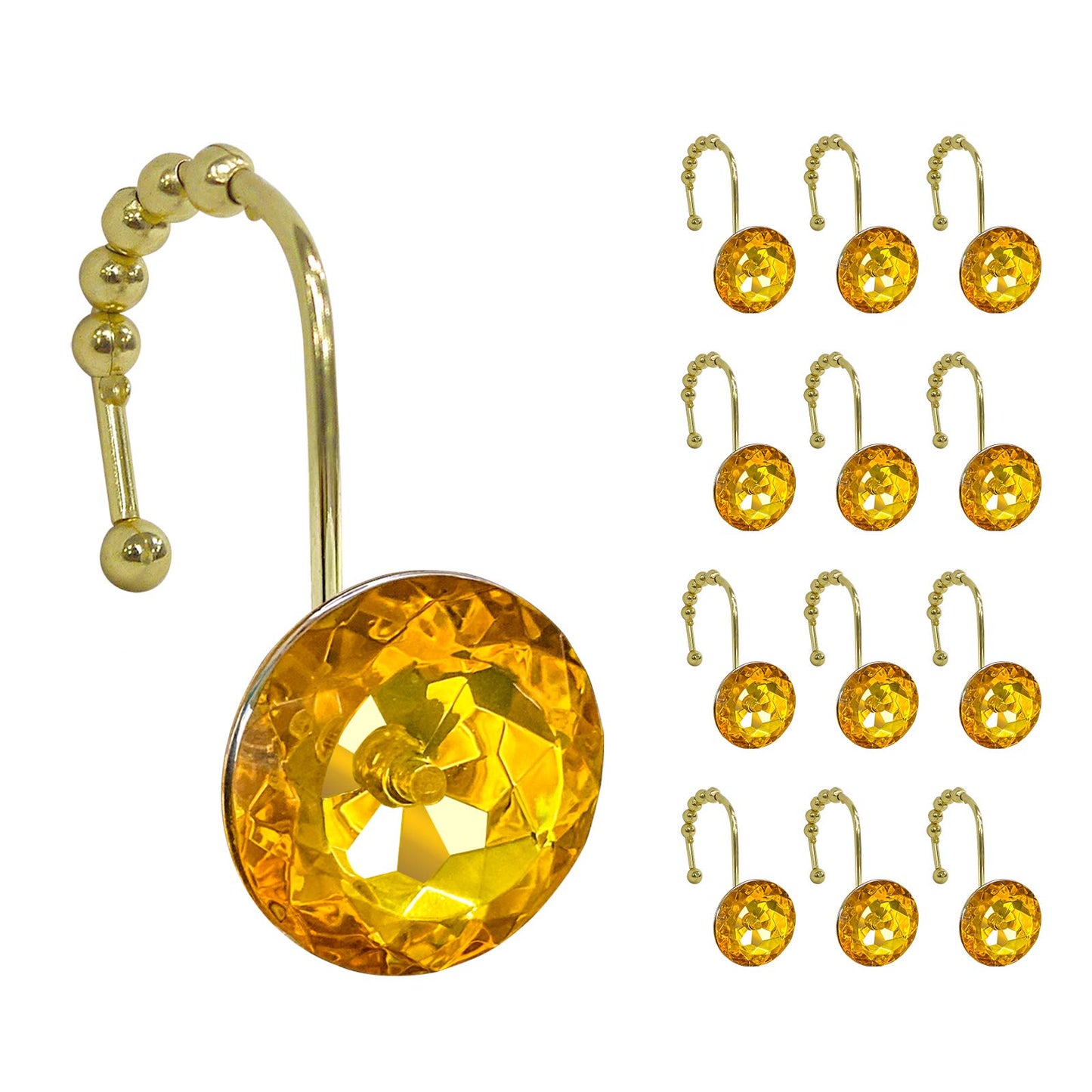 Sunlit Luxury Design Round Clear Diamond Crystal Gem Bling with Glide Balls Double Shower Curtain Hooks, Rust Proof Metal Rhinestones Glam Shower Curtain Rings-12 Pack