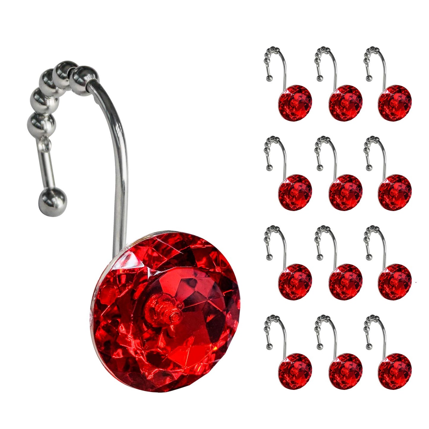 Sunlit Luxury Design Round Clear Diamond Crystal Gem Bling with Glide Balls Double Shower Curtain Hooks, Rust Proof Metal Rhinestones Glam Shower Curtain Rings-12 Pack