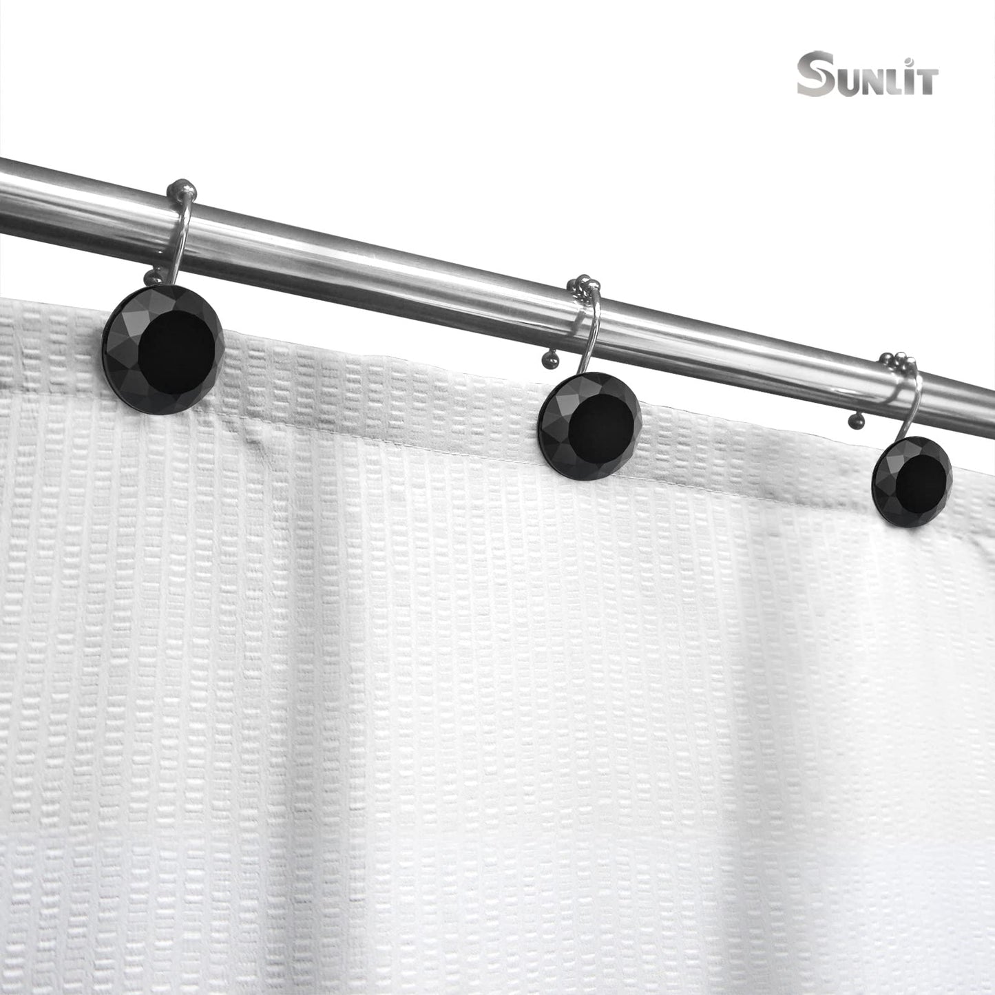 Sunlit Luxury Design Round Clear Diamond Crystal Gem Bling with Glide Balls Double Shower Curtain Hooks, Rust Proof Metal Rhinestones Glam Shower Curtain Rings-12 Pack