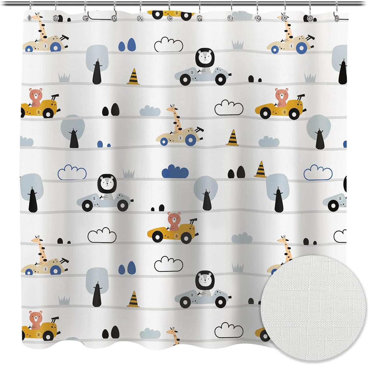Sunlit Funny Car Race Fabric Kids Shower Curtain, Cute Cartoon Animal Drivers with Giraffe, Lion & Bear, Fun Road Trip Theme Bathroom Decor for Boys and Girls, 72 x 72 Inches