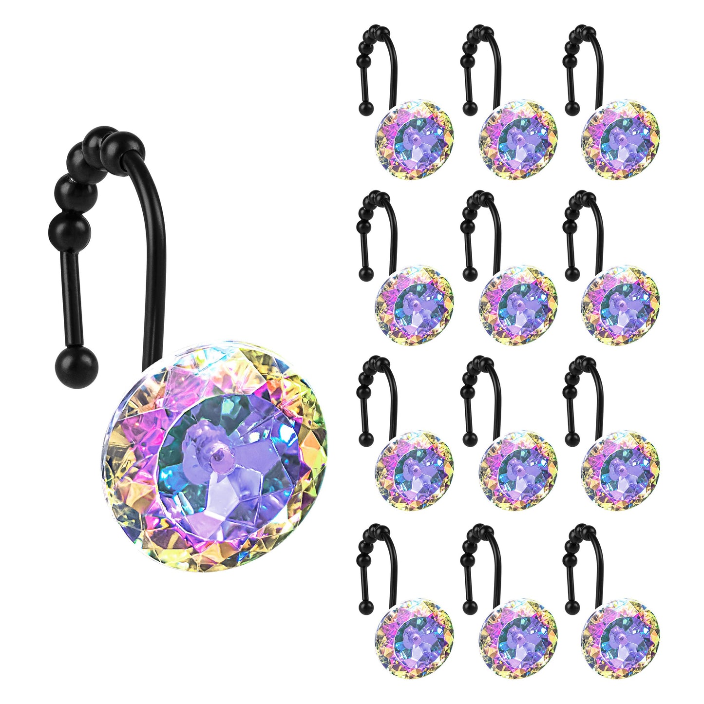 Sunlit Luxury Design Round Clear Diamond Crystal Gem Bling with Glide Balls Double Shower Curtain Hooks, Rust Proof Metal Rhinestones Glam Shower Curtain Rings-12 Pack