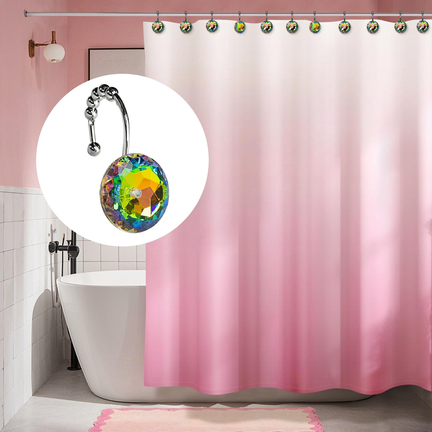 Sunlit Luxury Design Round Clear Diamond Crystal Gem Bling with Glide Balls Double Shower Curtain Hooks, Rust Proof Metal Rhinestones Glam Shower Curtain Rings-12 Pack