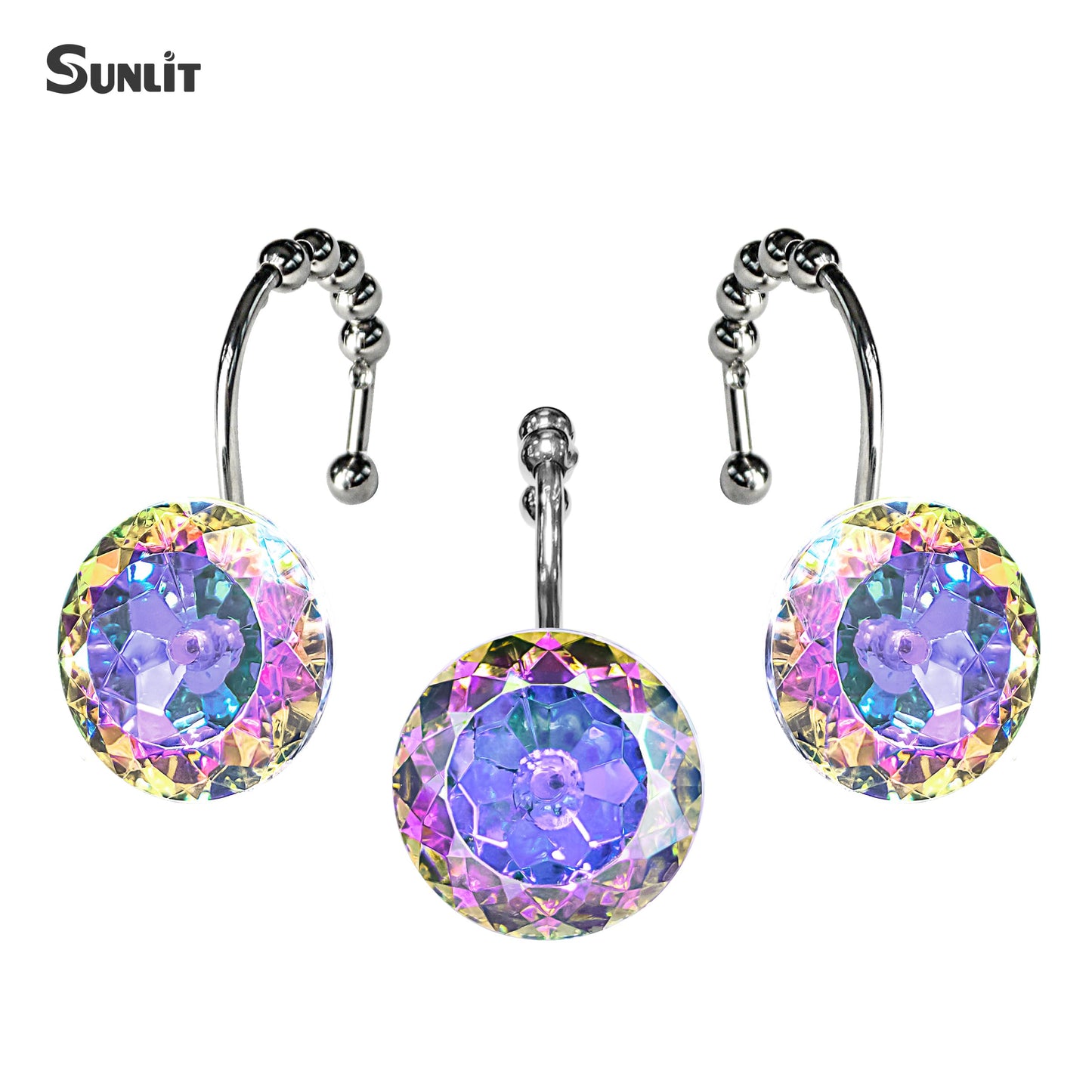 Sunlit Luxury Design Round Clear Diamond Crystal Gem Bling with Glide Balls Double Shower Curtain Hooks, Rust Proof Metal Rhinestones Glam Shower Curtain Rings-12 Pack