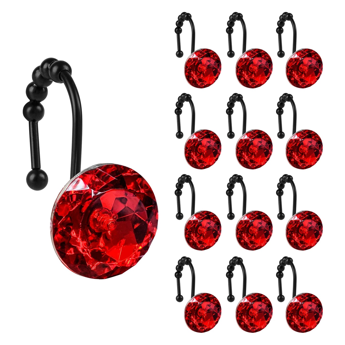 Sunlit Luxury Design Round Clear Diamond Crystal Gem Bling with Glide Balls Double Shower Curtain Hooks, Rust Proof Metal Rhinestones Glam Shower Curtain Rings-12 Pack