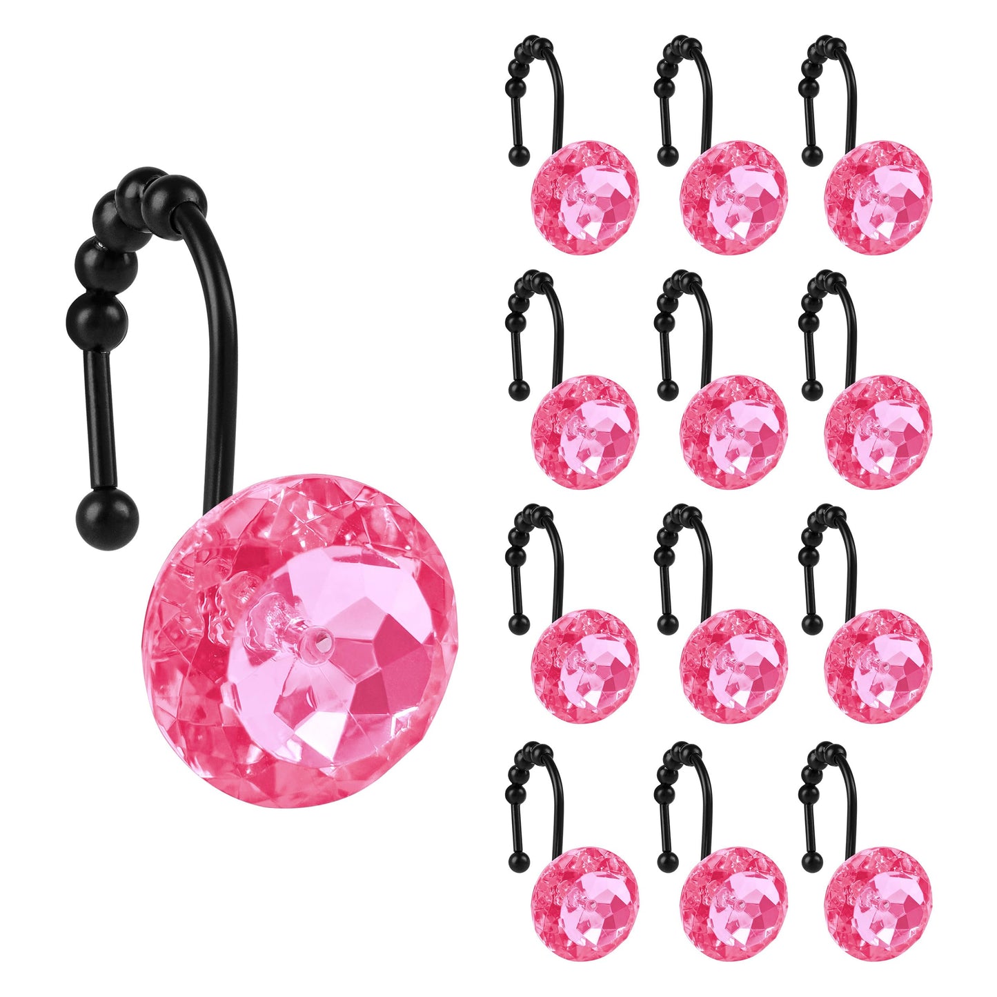 Sunlit Luxury Design Round Clear Diamond Crystal Gem Bling with Glide Balls Double Shower Curtain Hooks, Rust Proof Metal Rhinestones Glam Shower Curtain Rings-12 Pack