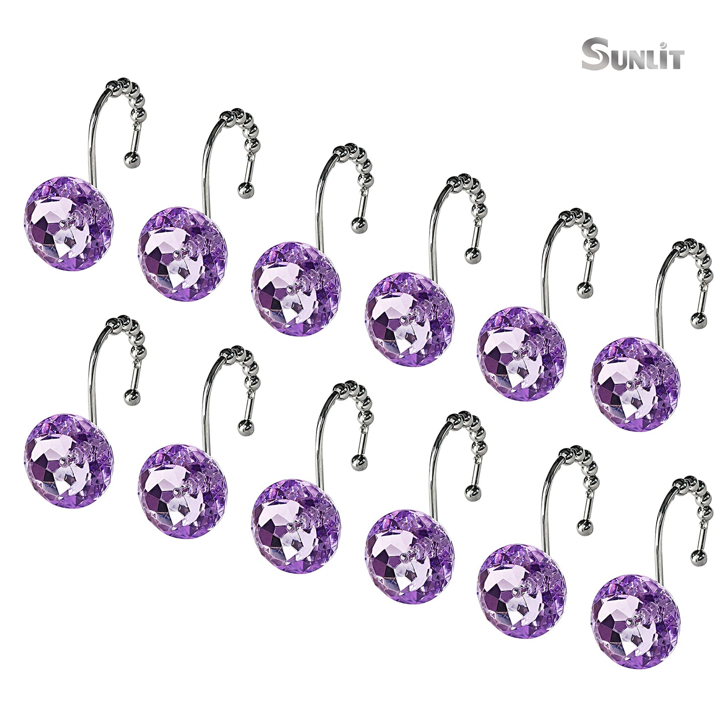 Sunlit Luxury Design Round Clear Diamond Crystal Gem Bling with Glide Balls Double Shower Curtain Hooks, Rust Proof Metal Rhinestones Glam Shower Curtain Rings-12 Pack