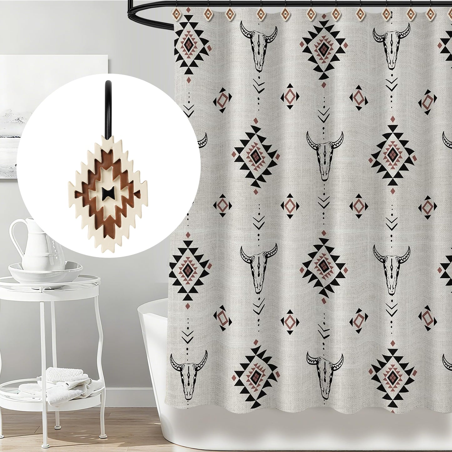 Sunlit Western Shower Curtain Hooks, Aztec Tribal Shower Curtain Hanger Hooks, Decorative Resin Rustic Geometric Curtain Rings for Bathroom, Set of 12, Black and Cream White