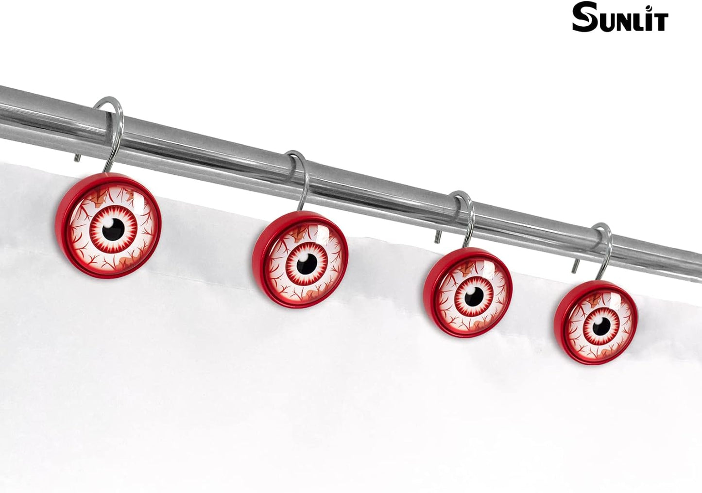 Sunlit Halloween Scary Eye with Bloodshot Round Crystal Glass Decorative Shower Curtain Hooks, Rust Proof Oil Rubbed Metal Shower Curtain Rings-12 Pack