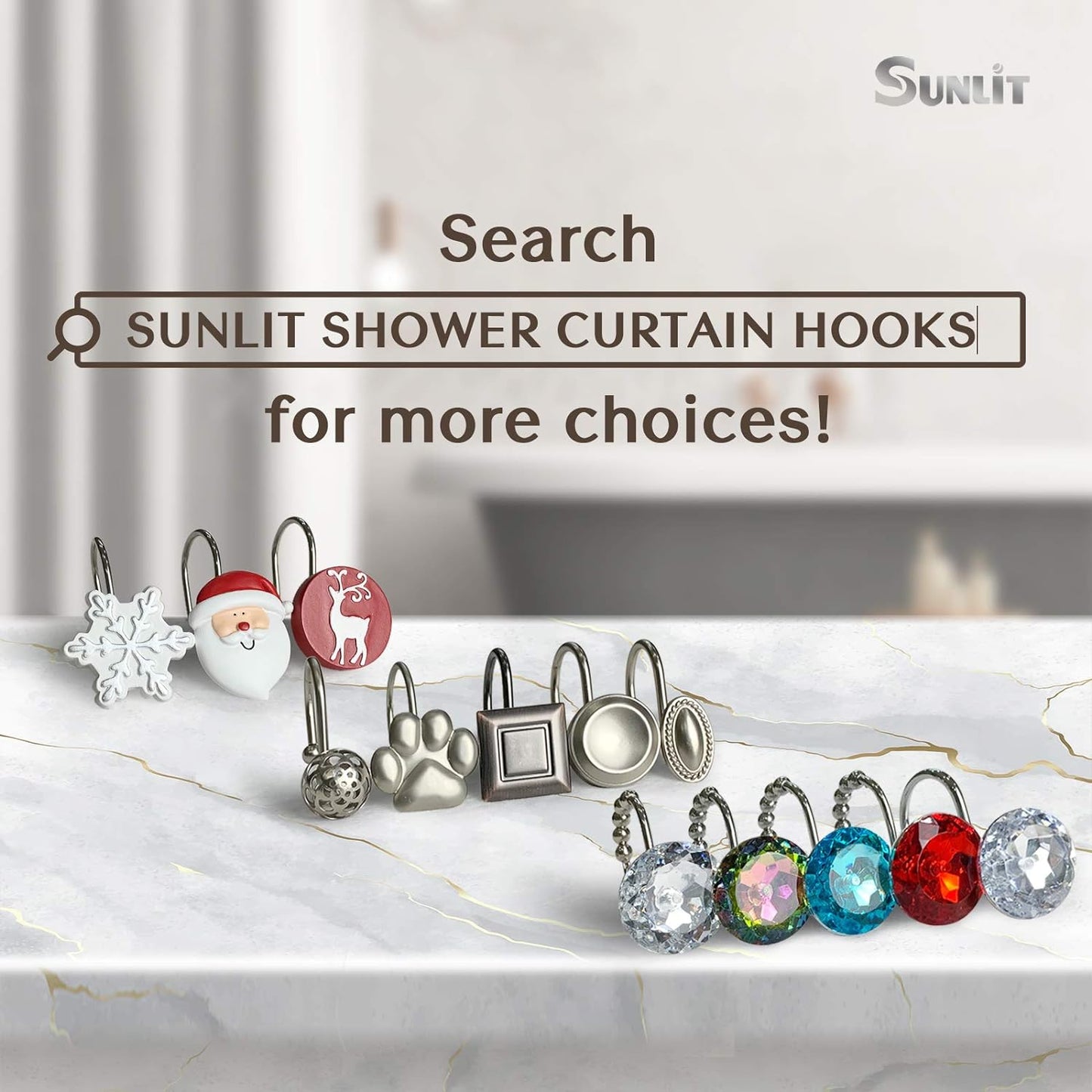 Sunlit Luxury Design Glitter Round Diamond Crystal Gem Bling Shower Curtain Hooks Rust Proof Oil Rubbed Metal Shower Curtain Rings - Rhinestones Clear Glam Shower Curtain Hooks - 12 Pack