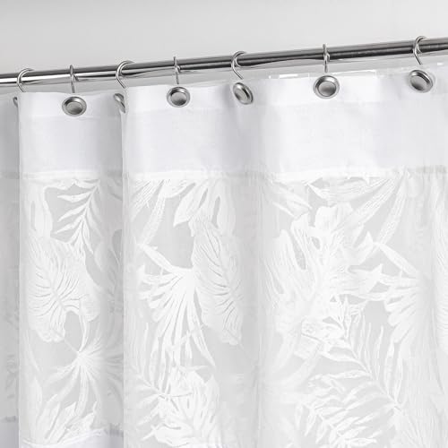 White Palm Leaves Fabric Shower Curtains with Green Liner, Tropical Leaf Detachable Double Layer Shower Curtain for Bathroom, Water-Repellent Home Bathroom Decor, 71x71 Inch