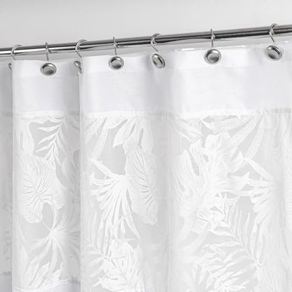 White Palm Leaves Fabric Shower Curtains with Green Liner, Tropical Leaf Detachable Double Layer Shower Curtain for Bathroom, Water-Repellent Home Bathroom Decor, 71x71 Inch