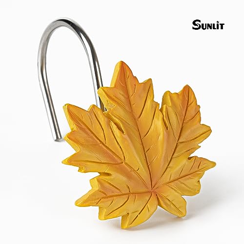 Sunlit Fall Autumn Decorative Shower Curtain Hooks, Pumpkin Maple Leaf Squirrel Acorn Shower Curtain Rings, Resin, Orange Leaves Cute Bathroom Curtain Hangers Decoration, Set of 12