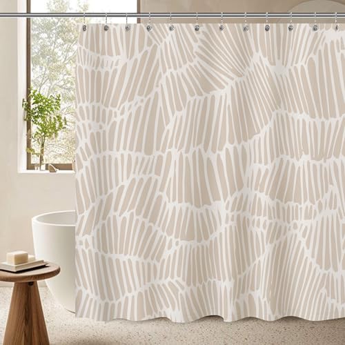 Sunlit Boho Textured Slubbed Fabric Shower Curtain, Organic Modern Geometric Striped Shower Curtains for Bathroom Decoration, Beige and White Rhombus Shower Curtains, 71x71