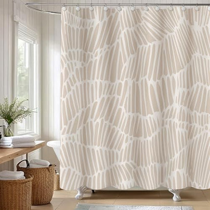 Sunlit Boho Textured Slubbed Fabric Shower Curtain, Organic Modern Geometric Striped Shower Curtains for Bathroom Decoration, Beige and White Rhombus Shower Curtains, 71x71