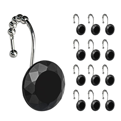 Sunlit Luxury Design Round Clear Diamond Crystal Gem Bling with Glide Balls Double Shower Curtain Hooks, Rust Proof Metal Rhinestones Glam Shower Curtain Rings-12 Pack