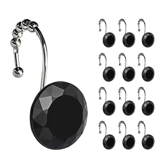 Sunlit Luxury Design Round Clear Diamond Crystal Gem Bling with Glide Balls Double Shower Curtain Hooks, Rust Proof Metal Rhinestones Glam Shower Curtain Rings-12 Pack