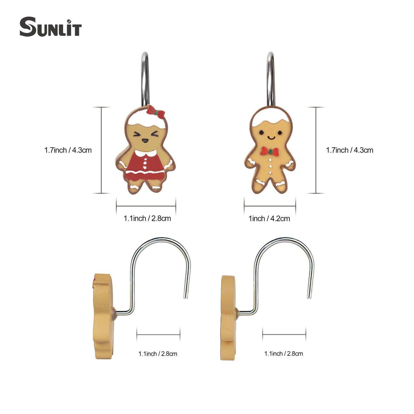 Sunlit Christmas Decorative Shower Curtain Hooks, Cute Gingerbread Man Cookie Shower Curtain Rings, Xmas Winter Holiday Bathroom Decoration for Kids Girls Boys Children, Resin, Set of 12