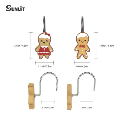 Sunlit Christmas Decorative Shower Curtain Hooks, Cute Gingerbread Man Cookie Shower Curtain Rings, Xmas Winter Holiday Bathroom Decoration for Kids Girls Boys Children, Resin, Set of 12