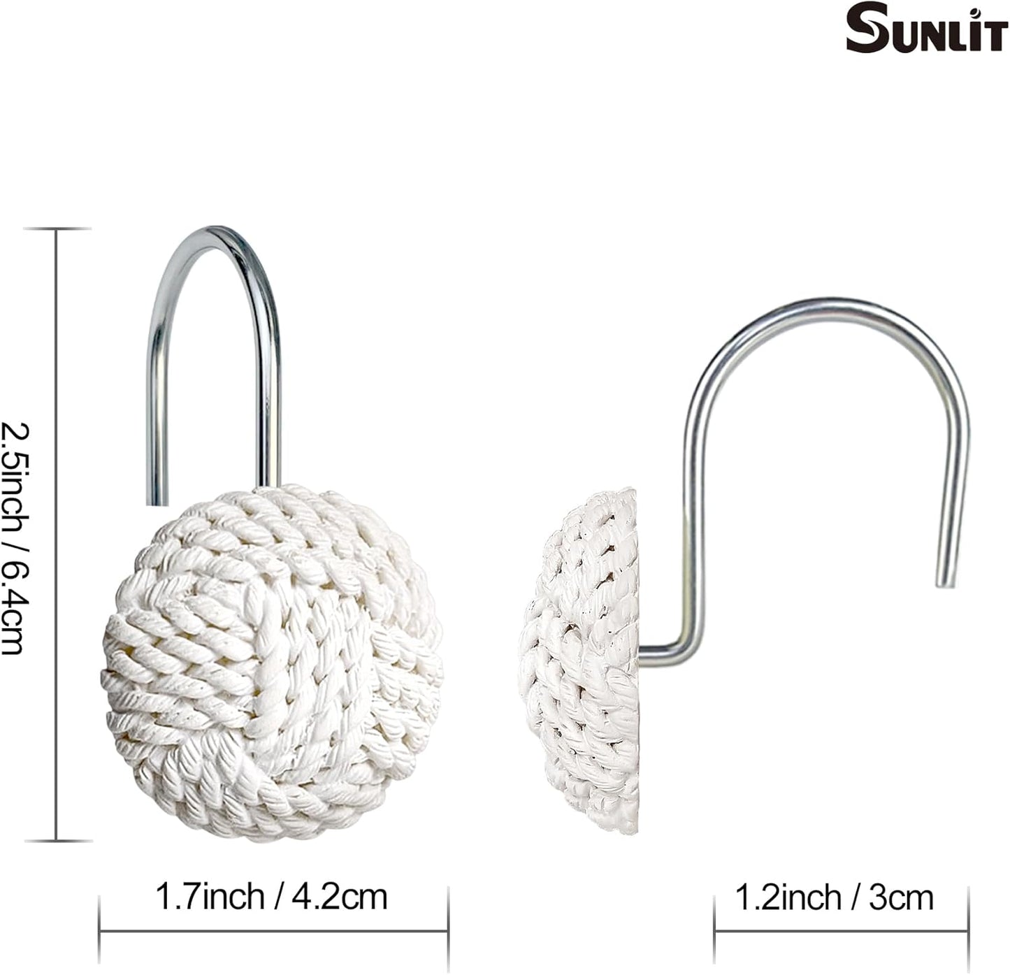 Sunlit Boho Knots Double Shower Curtain Hooks, Home Decorative Shower Curtain Rings for Bathroom, Seaside Nautical Shower Curtain Hangers Bathroom Accessories, Set of 12