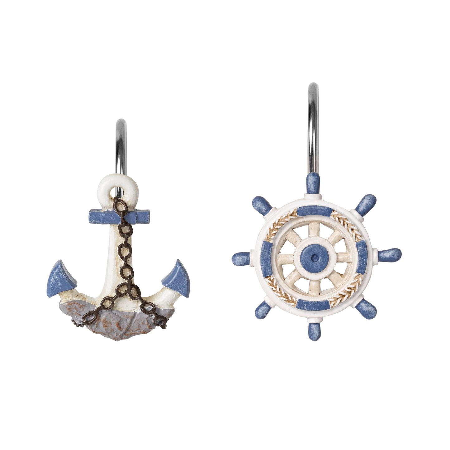 Sunlit Nautical Shower Curtain Hooks, Home Decorative Coastal Shower Curtain Rings for Bathroom, Resin, Ocean Shower Curtain Hanger Hooks for Living Room, Set of 12, Blue Anchor Rudder