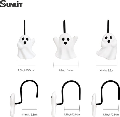 Sunlit Ghost Shower Curtain Hooks, Home Decorative Shower Curtain Rings for Bathroom, Halloween Shower Curtain Hangers Bathroom Accessories, Set of 12