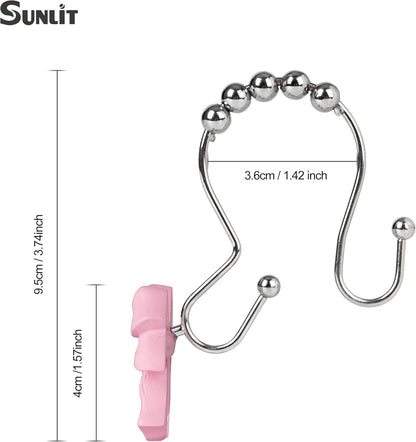 Sunlit Cute Bow Knot Double Shower Curtain Hooks, Home Decorative Shower Curtain Rings for Bathroom, Resin Shower Curtain Hangers Bathroom Accessories, Set of 12, Pink