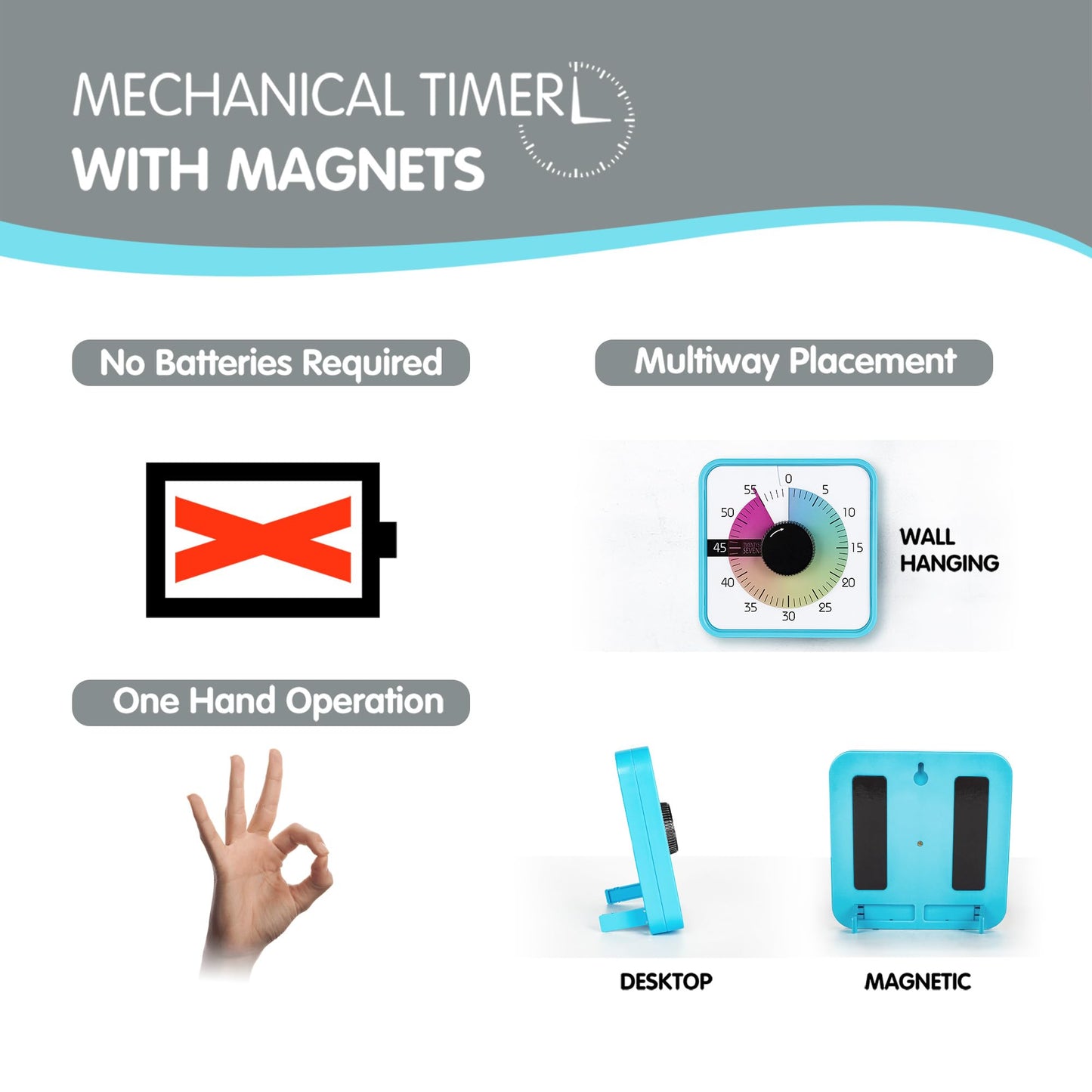 TWENTY5 SEVEN Countdown Timer 7.5 inch; 60 Minute 1 Hour Visual Timer – Classroom Teaching Tool Office Meeting, Mechanical Countdown Clock for Kids Exam Time Management Magnetic, Macaron Sky Blue