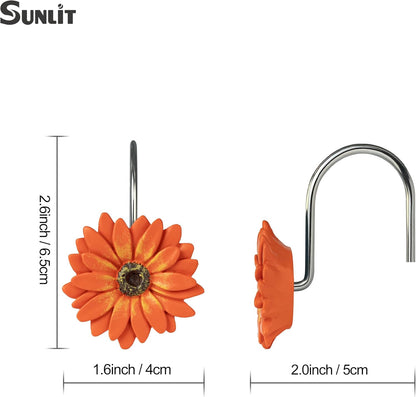 Sunlit Daisy Shower Curtain Hooks, Home Decorative Shower Curtain Rings for Bathroom, Resin, Floral Shower Curtain Hanger Hooks for Living Room, Set of 12, White and Golden