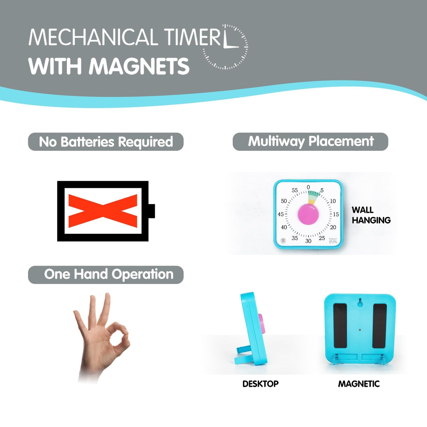 Visual Timer 7.5 inch, 60-Minute Countdown Timer for Kids Classroom Teaching Tool Office Meeting, Mechanical Countdown Clock for Exam Time Management Magnetic Kitchen Timer, Sky Blue/Colorful