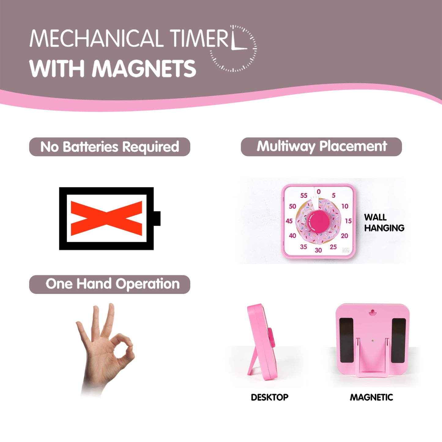 TWENTY5 SEVEN Countdown Timer 7.5 inch, 60 Minute 1 Hour Visual Timer for Classroom Teaching Tool Office Meeting, Mechanical Countdown Clock for Kids Exam Time Management Magnetic, Pink Donut