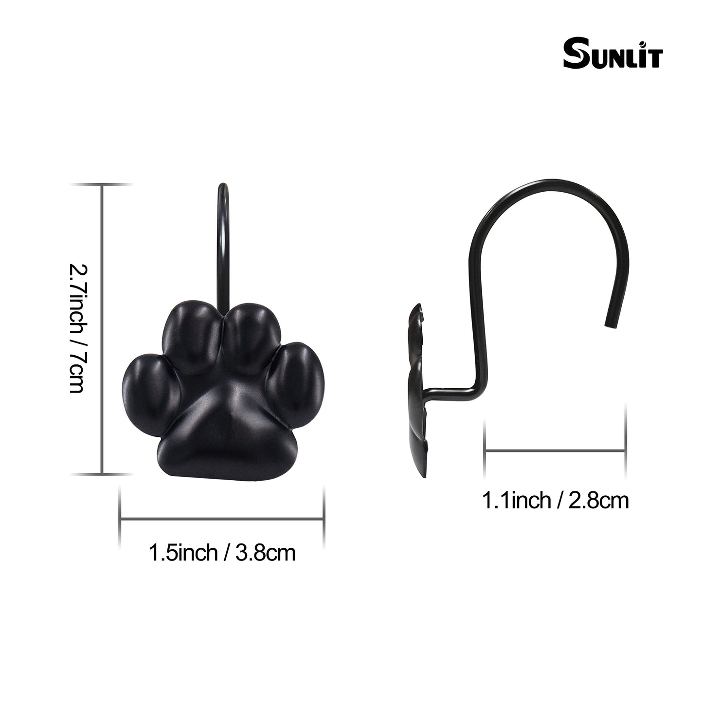 Sunlit Fashion Design Cute Paw Print Polished Double Shower Curtain Hooks for Dog Cat and Bear, Rust Proof Oil Rubbed Metal Shower Curtain Rings-12 Pack