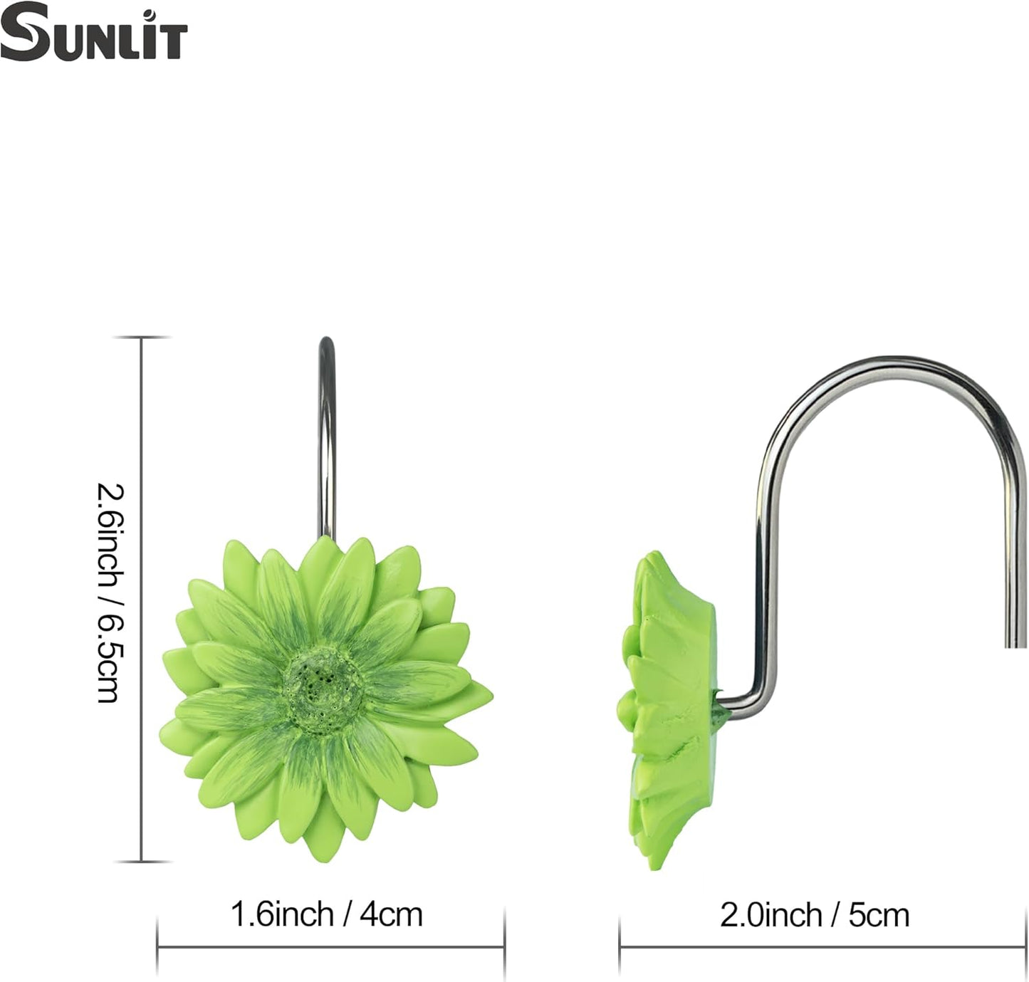 Sunlit Daisy Shower Curtain Hooks, Home Decorative Shower Curtain Rings for Bathroom, Resin, Floral Shower Curtain Hanger Hooks for Living Room, Set of 12, White and Golden