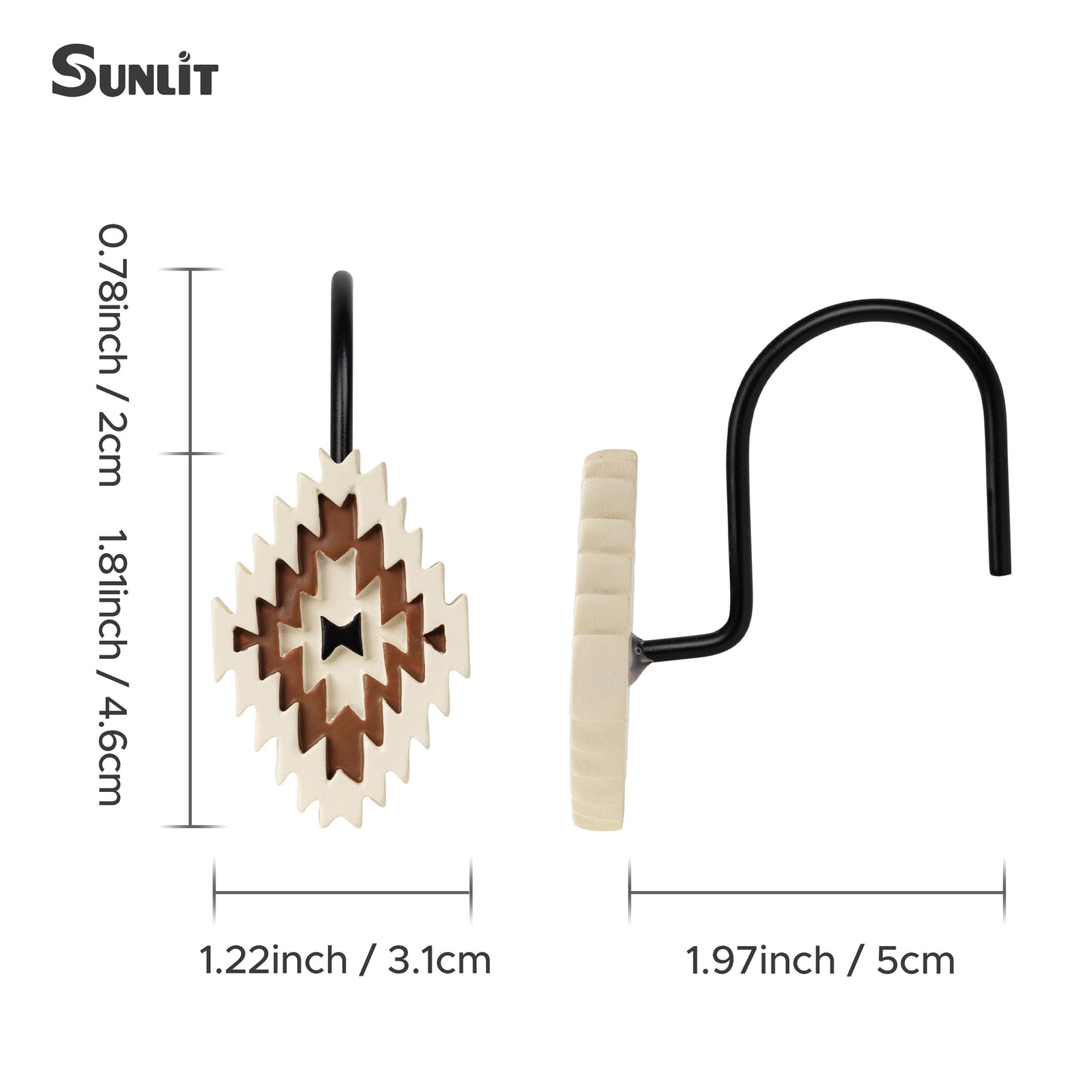 Sunlit Western Shower Curtain Hooks, Aztec Tribal Shower Curtain Hanger Hooks, Decorative Resin Rustic Geometric Curtain Rings for Bathroom, Set of 12, Black and Cream White