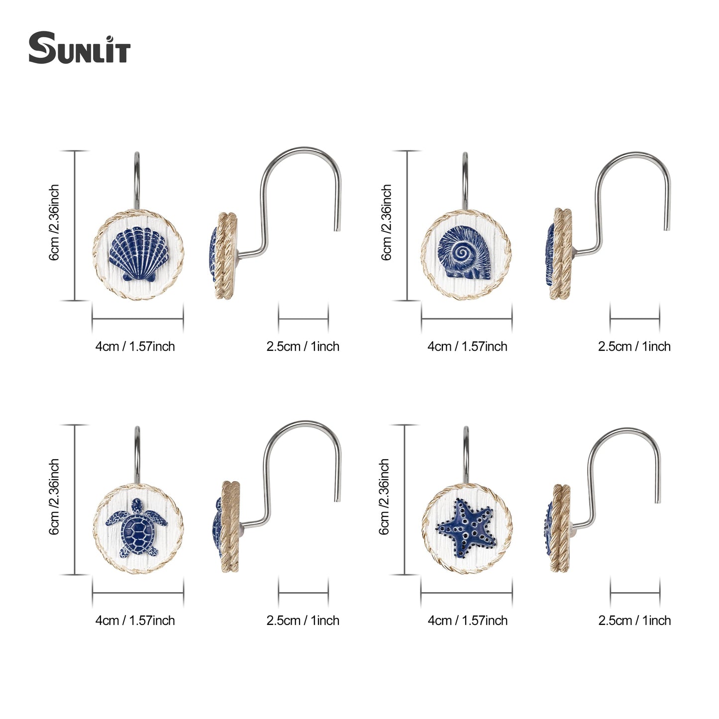 Sunlit Ocean Decorative Shower Curtain Hooks, Sea Turtle Spiral Shell Starfish Conch Shower Curtain Rings, Resin, Nautical Farmhouse Bathroom Decoration Beach Shower Curtain Hooks-12 Pack, Navy