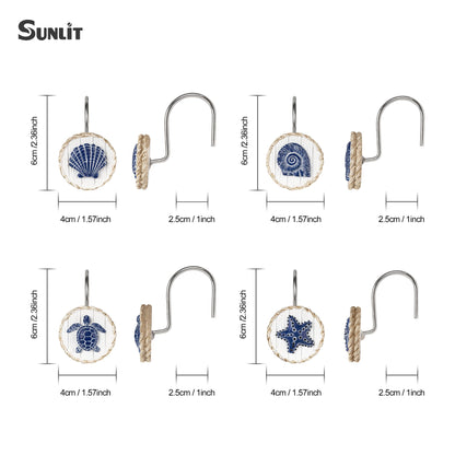 Sunlit Ocean Decorative Shower Curtain Hooks, Sea Turtle Spiral Shell Starfish Conch Shower Curtain Rings, Resin, Nautical Farmhouse Bathroom Decoration Beach Shower Curtain Hooks-12 Pack, Navy