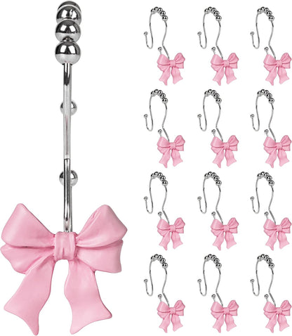 Sunlit Cute Bow Knot Double Shower Curtain Hooks, Home Decorative Shower Curtain Rings for Bathroom, Resin Shower Curtain Hangers Bathroom Accessories, Set of 12, Pink