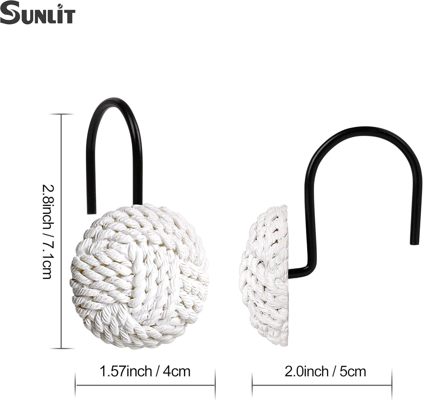 Sunlit Boho Knots Double Shower Curtain Hooks, Home Decorative Shower Curtain Rings for Bathroom, Seaside Nautical Shower Curtain Hangers Bathroom Accessories, Set of 12