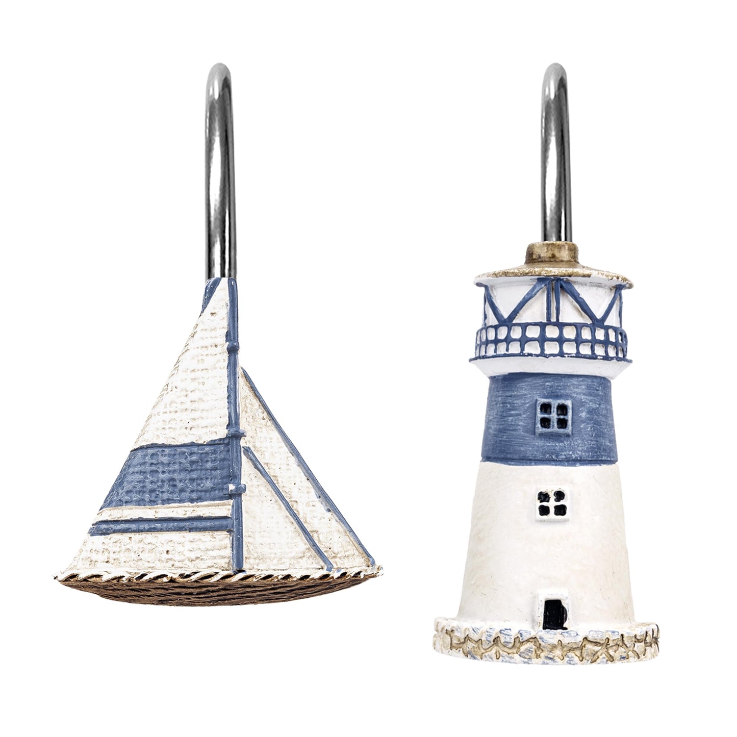 Sunlit Nautical Shower Curtain Hooks, Home Decorative Coastal Shower Curtain Rings for Bathroom, Resin, Ocean Shower Curtain Hanger Hooks for Living Room, Set of 12, Blue Anchor Rudder