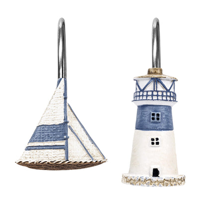 Sunlit Nautical Shower Curtain Hooks, Home Decorative Coastal Shower Curtain Rings for Bathroom, Resin, Ocean Shower Curtain Hanger Hooks for Living Room, Set of 12, Blue Anchor Rudder