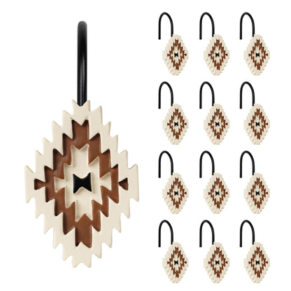 Sunlit Western Shower Curtain Hooks, Aztec Tribal Shower Curtain Hanger Hooks, Decorative Resin Rustic Geometric Curtain Rings for Bathroom, Set of 12, Black and Cream White