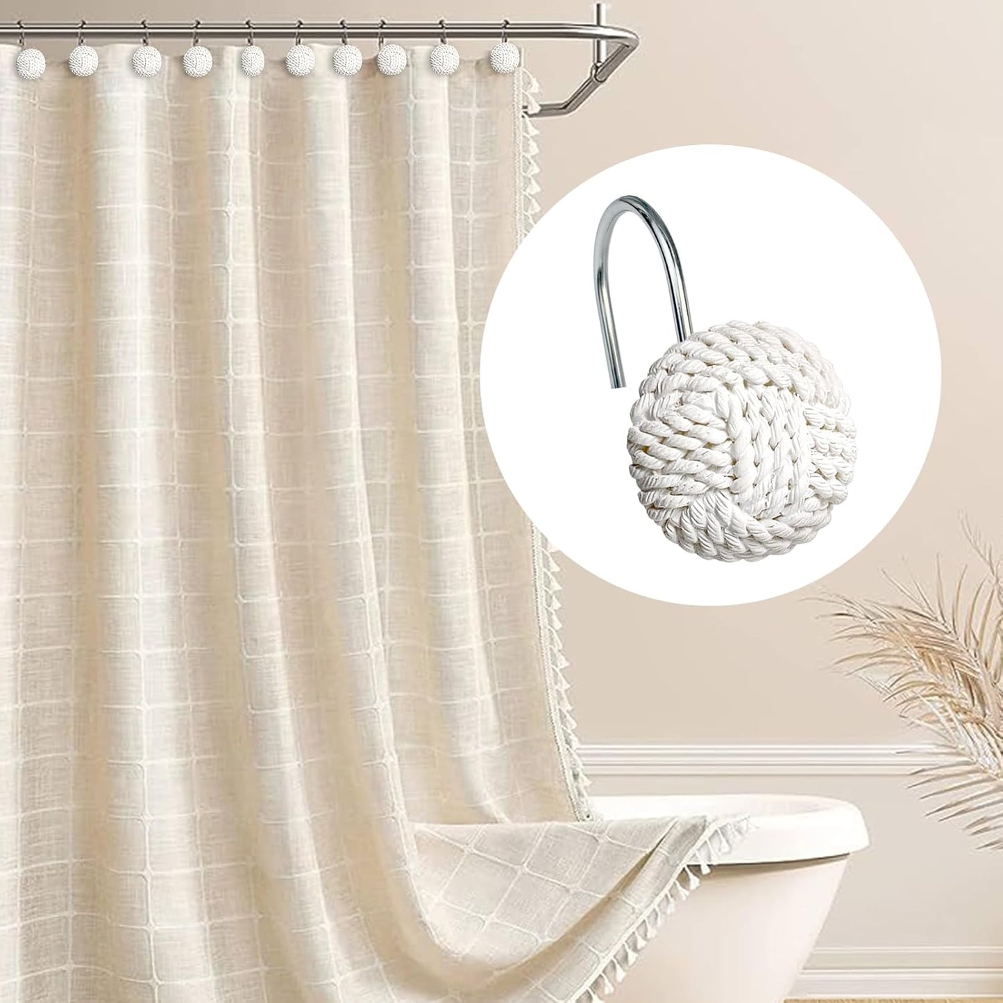 Sunlit Boho Knots Double Shower Curtain Hooks, Home Decorative Shower Curtain Rings for Bathroom, Seaside Nautical Shower Curtain Hangers Bathroom Accessories, Set of 12
