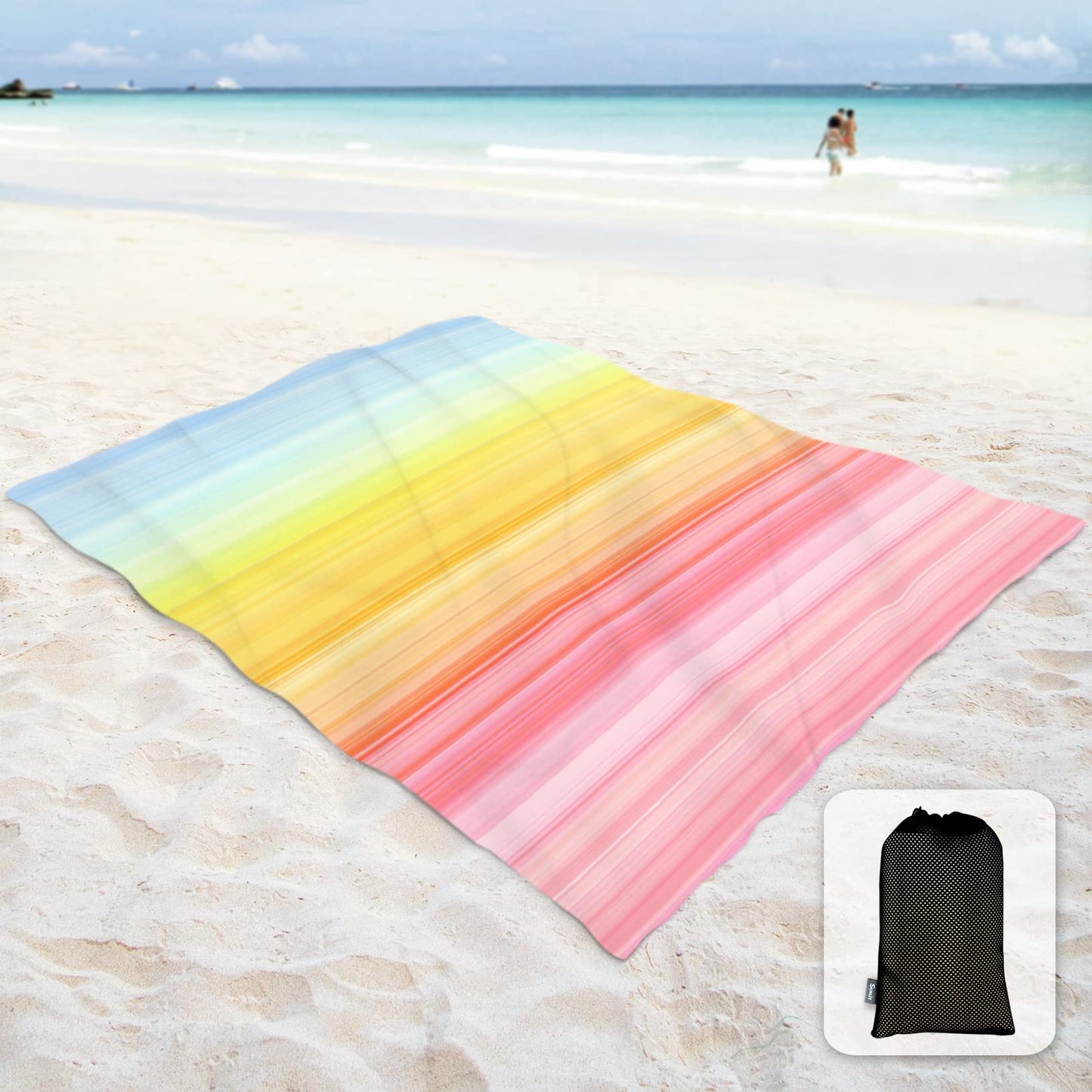 Sunlit Soft 106"x81" Sand Proof Beach Blanket Sand Free Beach Mat with Corner Pocket and Mesh Bag for Beach Party Travel Camping and Outdoor Music Festival, Ombre Blue Orange