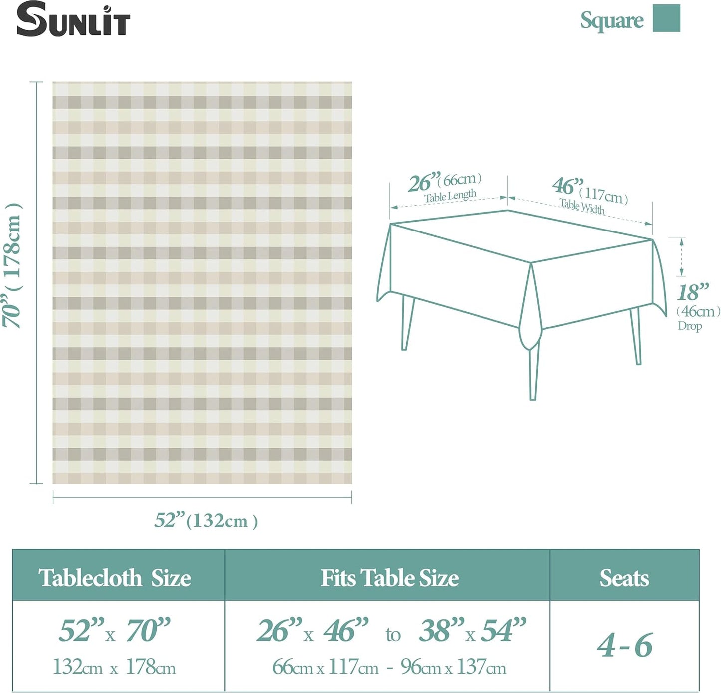 Sunlit Cotton Polyester Blend Fabric Tablecloth, 52"x70" Rectangle Indoor Tablecloth, Water-repellent Durable Washable Table Cover, Decorative Table Cloths for Dining Room, Party, Buffalo Check