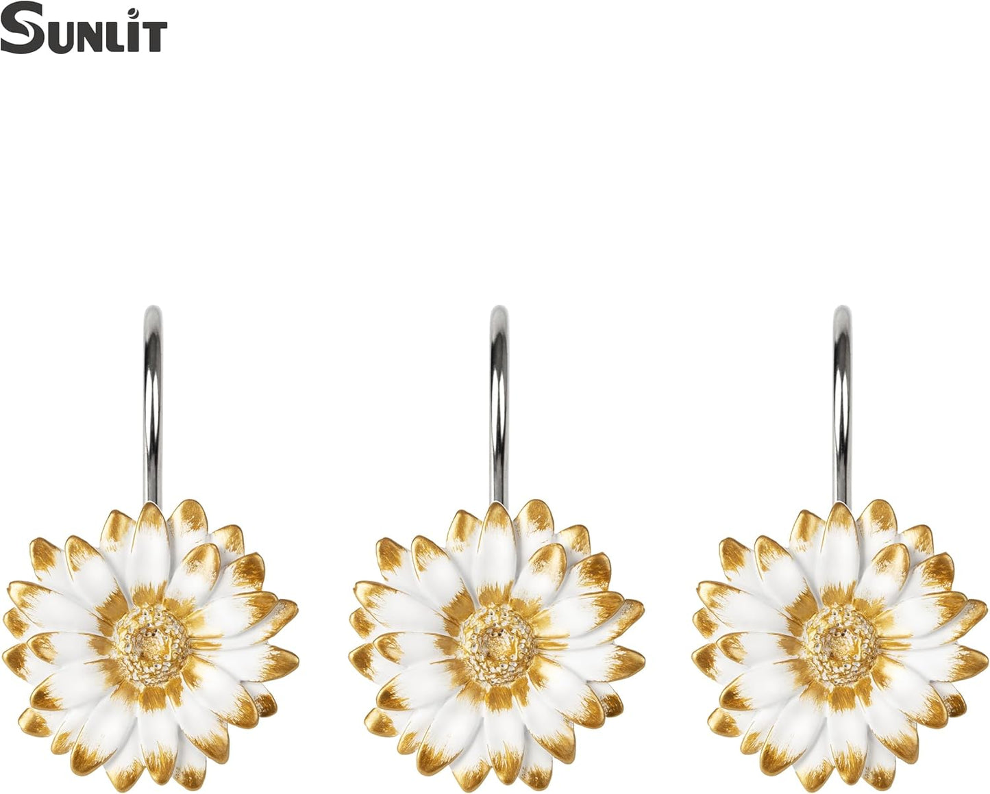 Sunlit Daisy Shower Curtain Hooks, Home Decorative Shower Curtain Rings for Bathroom, Resin, Floral Shower Curtain Hanger Hooks for Living Room, Set of 12, White and Golden