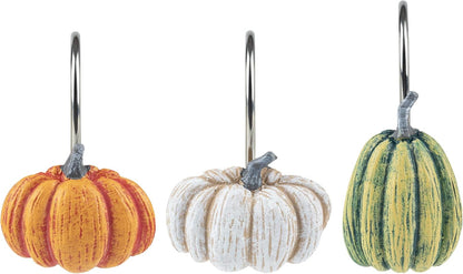 Sunlit Fall Pumpkin Decorative Shower Curtain Hooks, Autumn Harvest Festival Shower Curtain Rings, Resin, Blue Khaki Orange Farmhouse Bathroom Curtain Hangers Decoration, Set of 12