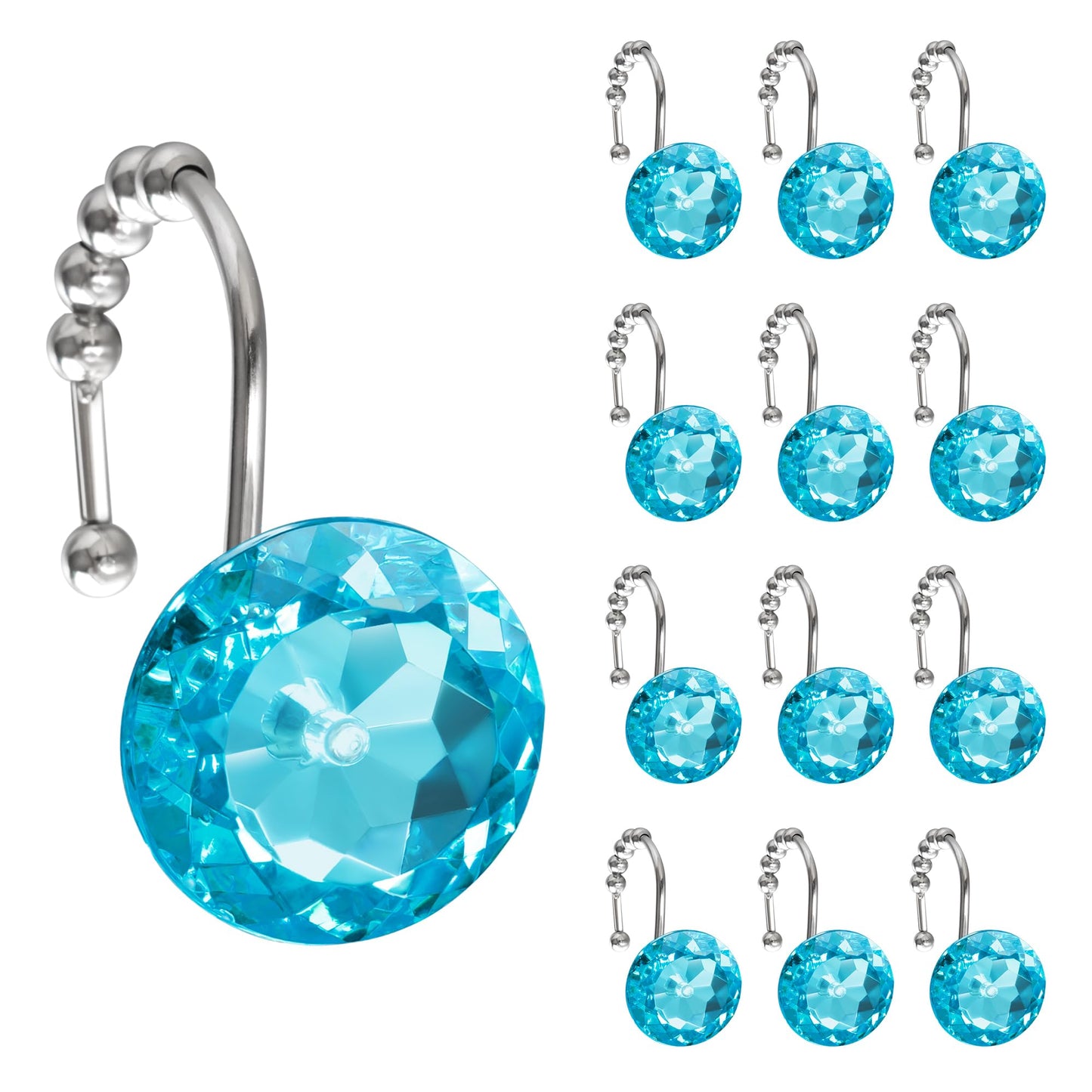 Sunlit Luxury Design Round Clear Diamond Crystal Gem Bling with Glide Balls Double Shower Curtain Hooks, Rust Proof Metal Rhinestones Glam Shower Curtain Rings-12 Pack