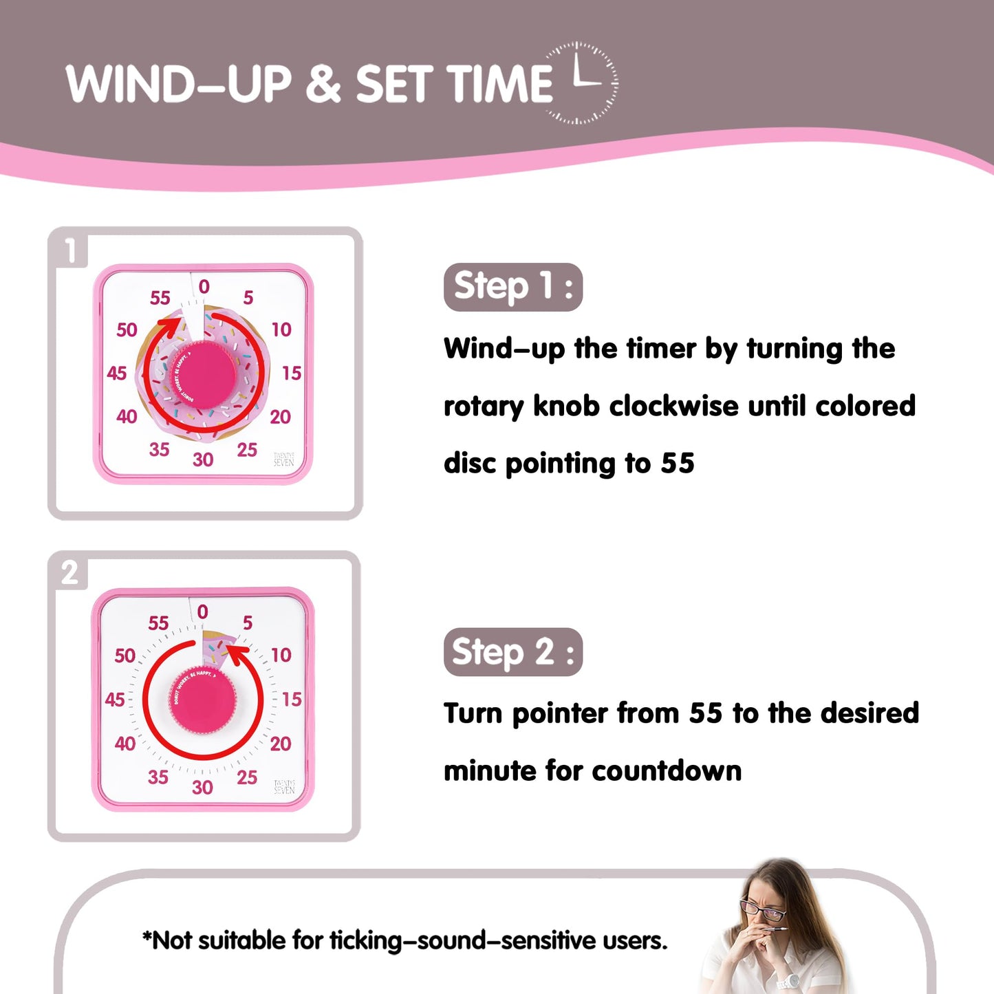 TWENTY5 SEVEN Countdown Timer 7.5 inch, 60 Minute 1 Hour Visual Timer for Classroom Teaching Tool Office Meeting, Mechanical Countdown Clock for Kids Exam Time Management Magnetic, Pink Donut